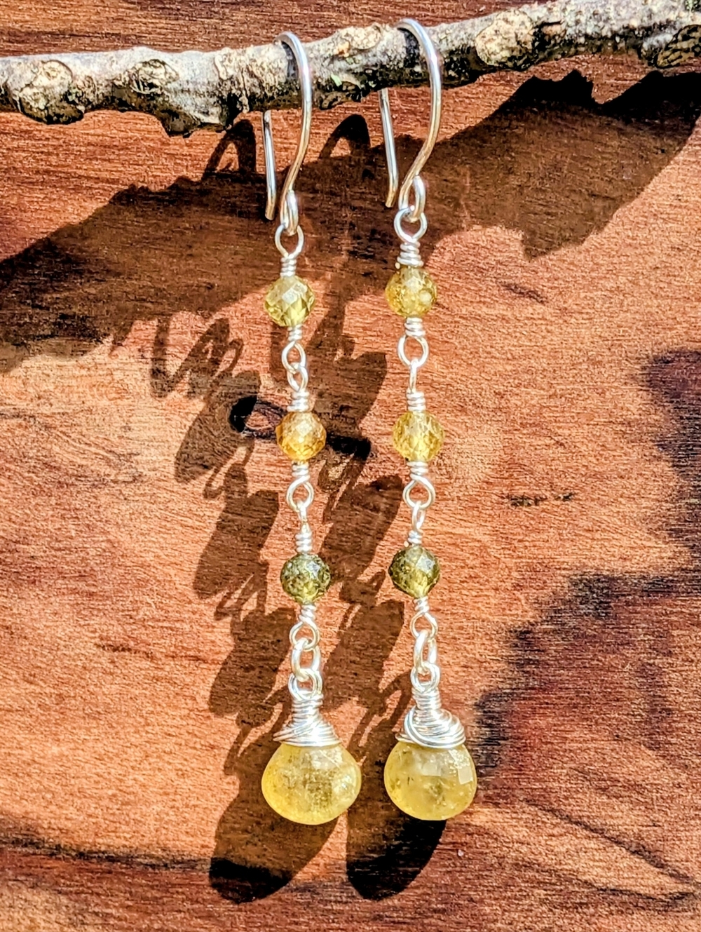 Earthy Green Garnet Earrings Dainty Sterling Silver Elegant Dangle Drop - Picture 3 of 12